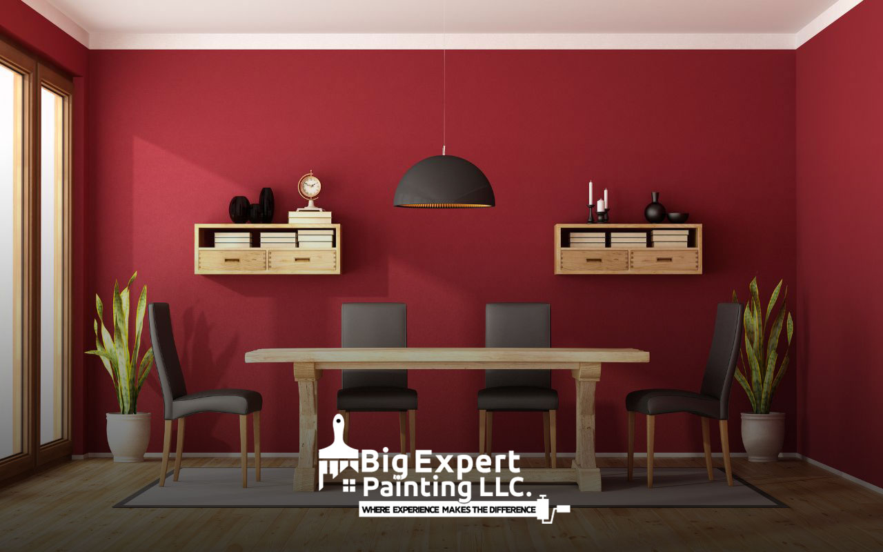 Bold dining room featuring deep reds.